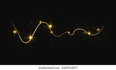 Oro reluciente ola de confeti y polvo de estrellas. El oro mágico destella sobre el fondo oscuro. Ilustración del vector