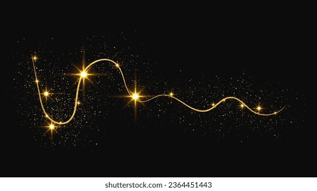 Gold glittering confetti wave and stardust. Golden magical sparkles on dark background. Vector illustration