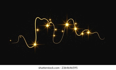 Gold glittering confetti wave and stardust. Golden magical sparkles on dark background. Vector illustration