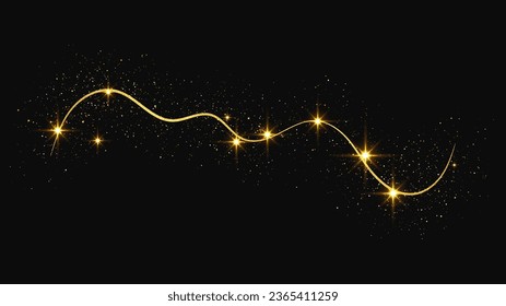 Vague de confettis et poussière d'étoile glacées d'or. Étincelles magiques dorées sur fond noir. Illustration vectorielle