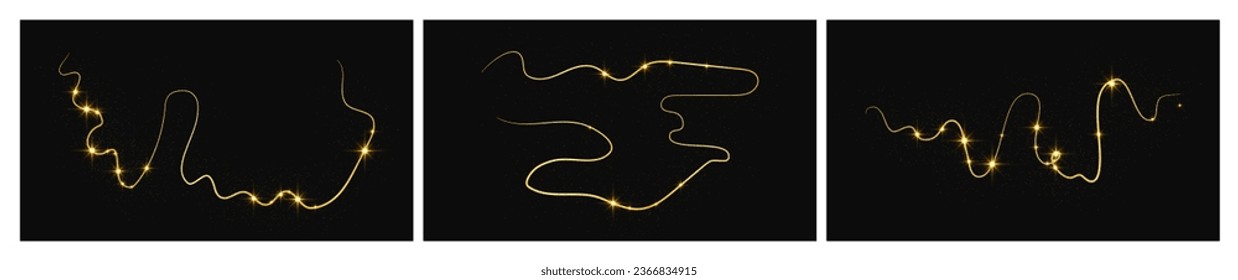 Gold glittering confetti wave and stardust. Set of three backdrops with golden magical sparkles on dark background. Vector illustration