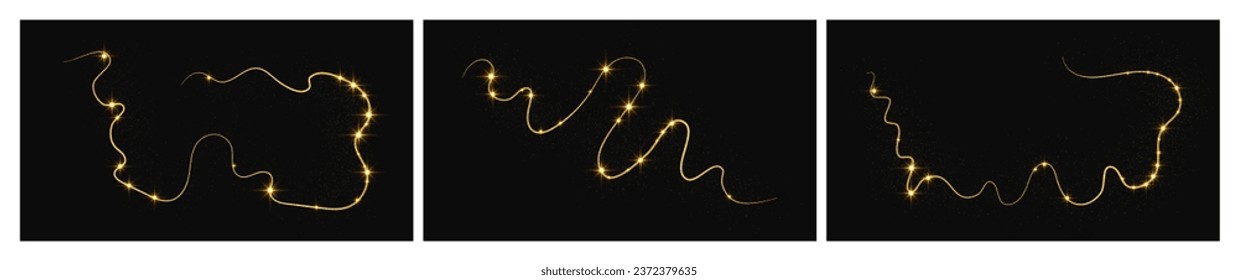 Gold glittering confetti wave and stardust. Set of three backdrops with golden magical sparkles on dark background. Vector illustration