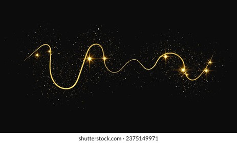 Gold glittering confetti wave and stardust. Golden magical sparkles on dark background. Vector illustration