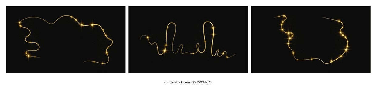 Gold glittering confetti wave and stardust. Set of three backdrops with golden magical sparkles on dark background. Vector illustration