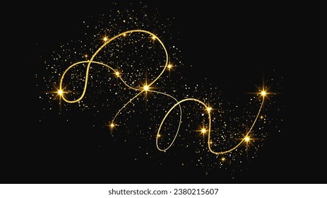 Gold glittering confetti wave and stardust. Golden magical sparkles on dark background. Vector illustration