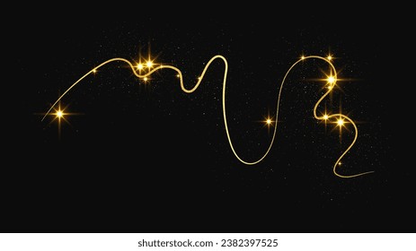 Gold glittering confetti wave and stardust. Golden magical sparkles on dark background. Vector illustration