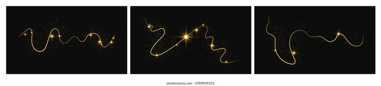 Gold glittering confetti wave and stardust. Set of three backdrops with golden magical sparkles on dark background. Vector illustration