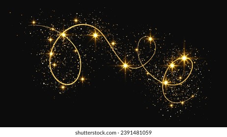 Gold glittering confetti wave and stardust. Golden magical sparkles on dark background. Vector illustration