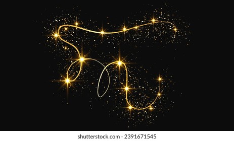 Gold glitzernde Konfetti Welle und Stardust. Goldene magische Funken auf dunklem Hintergrund. Vektorgrafik