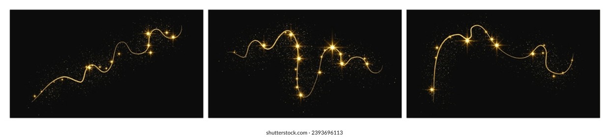 Gold glittering confetti wave and stardust. Set of three backdrops with golden magical sparkles on dark background. Vector illustration