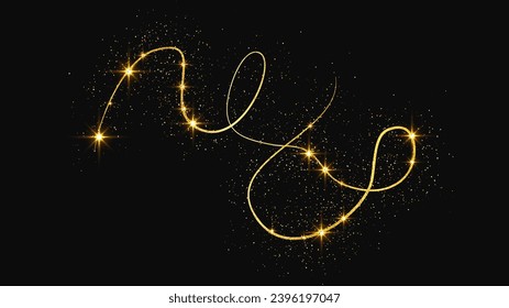 Gold glittering confetti wave and stardust. Golden magical sparkles on dark background. Vector illustration