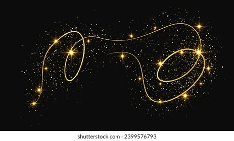 Gold glittering confetti wave and stardust. Golden magical sparkles on dark background. Vector illustration