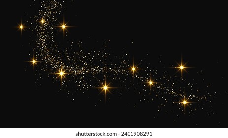 Gold glittering confetti wave and stardust. Set of three backdrops with golden magical sparkles on dark background. Vector illustration