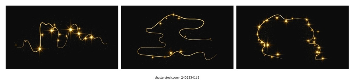 Gold glittering confetti wave and stardust. Set of three backdrops with golden magical sparkles on dark background. Vector illustration