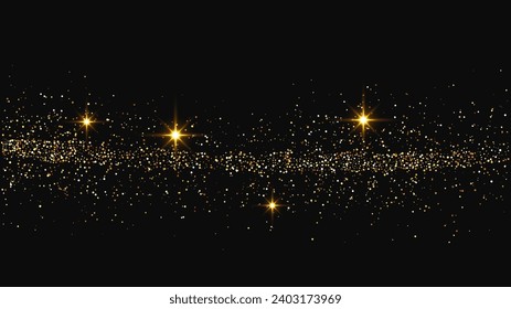 Gold glittering confetti wave and stardust. Set of three backdrops with golden magical sparkles on dark background. Vector illustration