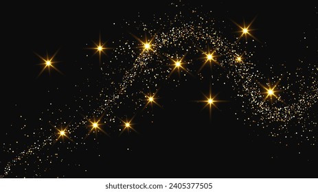 Gold glittering confetti wave and stardust. Set of three backdrops with golden magical sparkles on dark background. Vector illustration