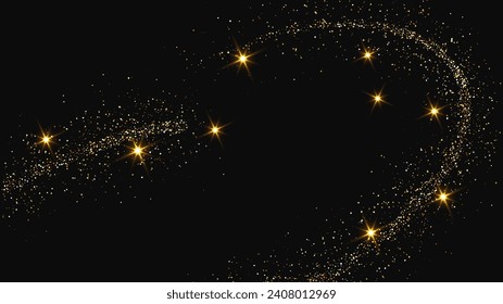 Gold glittering confetti wave and stardust. Set of three backdrops with golden magical sparkles on dark background. Vector illustration