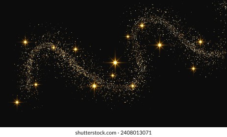 Gold glittering confetti wave and stardust. Set of three backdrops with golden magical sparkles on dark background. Vector illustration