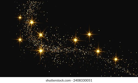 Gold glittering confetti wave and stardust. Set of three backdrops with golden magical sparkles on dark background. Vector illustration