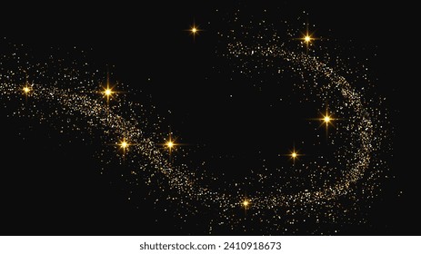 Gold glittering confetti wave and stardust. Set of three backdrops with golden magical sparkles on dark background. Vector illustration