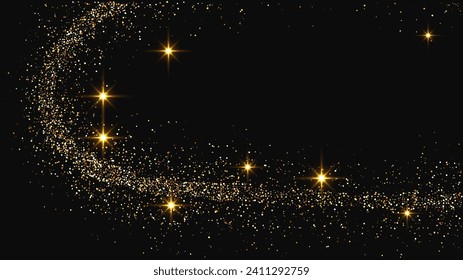 Gold glittering confetti wave and stardust. Set of three backdrops with golden magical sparkles on dark background. Vector illustration