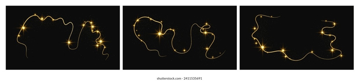 Gold glittering confetti wave and stardust. Set of three backdrops with golden magical sparkles on dark background. Vector illustration