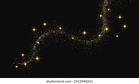 Vague de confettis et poussière d'étoile glacées d'or. Ensemble de trois arrière-plans avec des éclats magiques dorés sur fond noir. Illustration vectorielle