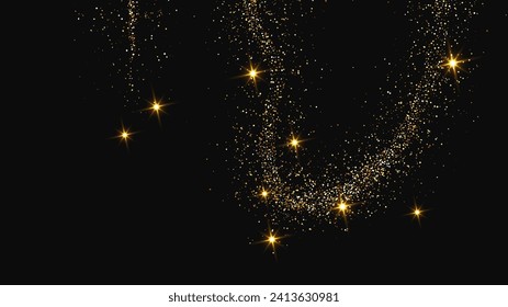 Gold glittering confetti wave and stardust. Set of three backdrops with golden magical sparkles on dark background. Vector illustration