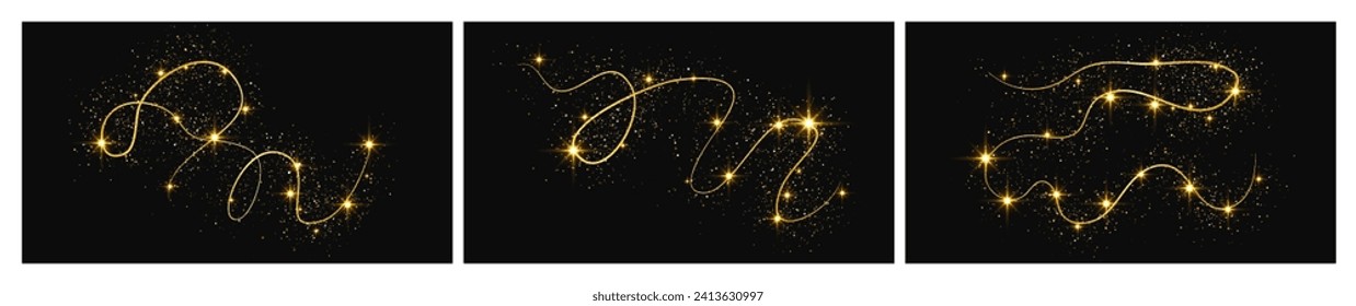 Gold glitzernde Konfetti Welle und Stardust. Set von drei Hintergründen mit goldenen magischen Funkeln auf dunklem Hintergrund. Vektorgrafik