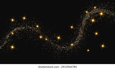 Gold glittering confetti wave and stardust. Set of three backdrops with golden magical sparkles on dark background. Vector illustration