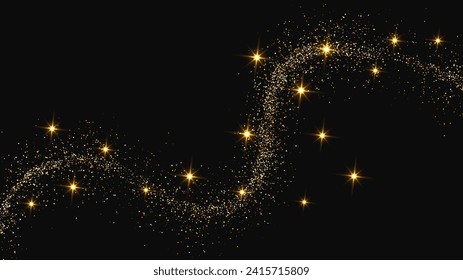 Oro reluciente ola de confeti y polvo de estrellas. Conjunto de tres telarañas con brillantes mágicos dorados sobre fondo oscuro. Ilustración del vector