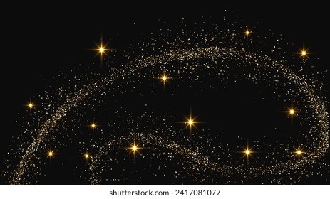 Gold glittering confetti wave and stardust. Set of three backdrops with golden magical sparkles on dark background. Vector illustration