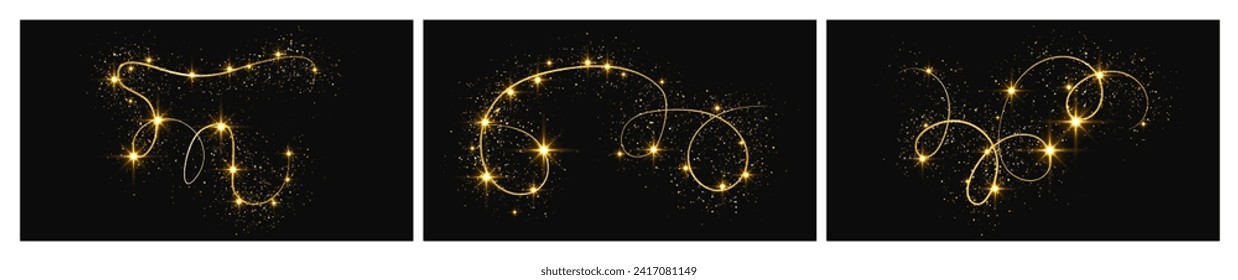 Gold glittering confetti wave and stardust. Set of three backdrops with golden magical sparkles on dark background. Vector illustration