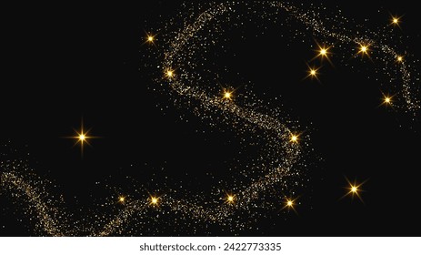 Gold glittering confetti wave and stardust. Set of three backdrops with golden magical sparkles on dark background. Vector illustration