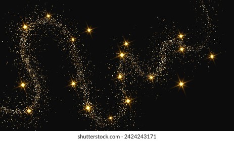 Gold glittering confetti wave and stardust. Set of three backdrops with golden magical sparkles on dark background. Vector illustration