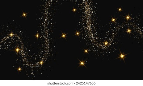 Gold glittering confetti wave and stardust. Set of three backdrops with golden magical sparkles on dark background. Vector illustration