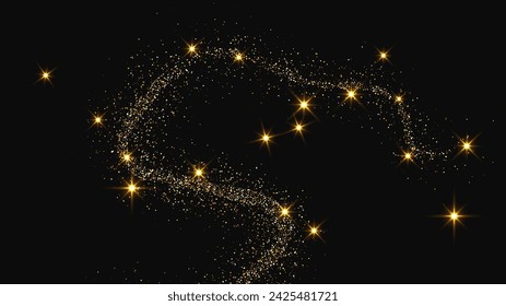 Gold glittering confetti wave and stardust. Set of three backdrops with golden magical sparkles on dark background. Vector illustration