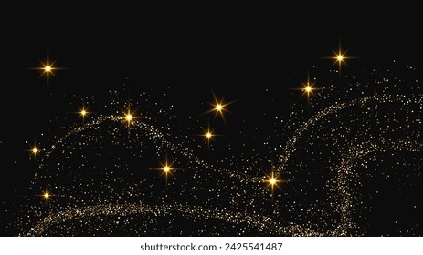 Gold glittering confetti wave and stardust. Set of three backdrops with golden magical sparkles on dark background. Vector illustration