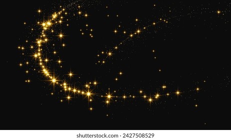 Onda de confeti brillante dorado y polvo de estrellas. Conjunto de tres fondos con destellos mágicos dorados sobre fondo oscuro. Ilustración de vector