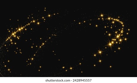 Gold glittering confetti wave and stardust. Backdrop with golden magical sparkles on dark background. Vector illustration