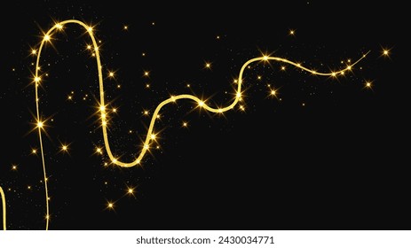 Gold glittering confetti wave and stardust. Backdrop with golden magical sparkles on dark background. Vector illustration