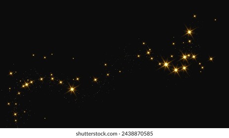 Gold glittering confetti wave and stardust. Backdrop with golden magical sparkles on dark background. Vector illustration