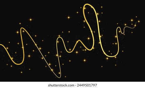 Gold glittering confetti wave and stardust. Backdrop with golden magical sparkles on dark background. Vector illustration