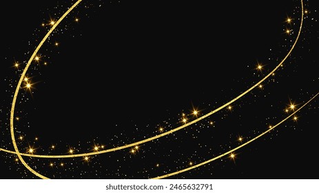 Gold glittering confetti wave and stardust. Backdrop with golden magical sparkles on dark background. Vector illustration