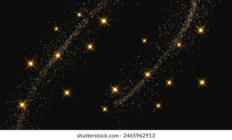 Gold glittering confetti wave and stardust. Backdrop with golden magical sparkles on dark background. Vector illustration