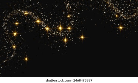 Gold glittering confetti wave and stardust. Backdrop with golden magical sparkles on dark background. Vector illustration