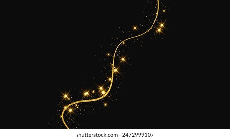 Gold glittering confetti wave and stardust. Backdrop with golden magical sparkles on dark background. Vector illustration