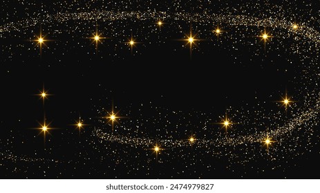 Gold glittering confetti wave and stardust. Backdrop with golden magical sparkles on dark background. Vector illustration