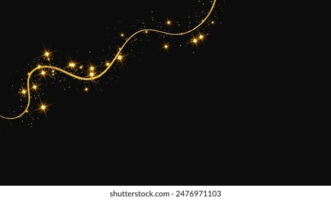 Gold glittering confetti wave and stardust. Backdrop with golden magical sparkles on dark background. Vector illustration