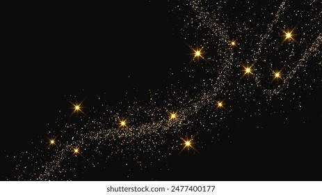 Gold glittering confetti wave and stardust. Backdrop with golden magical sparkles on dark background. Vector illustration